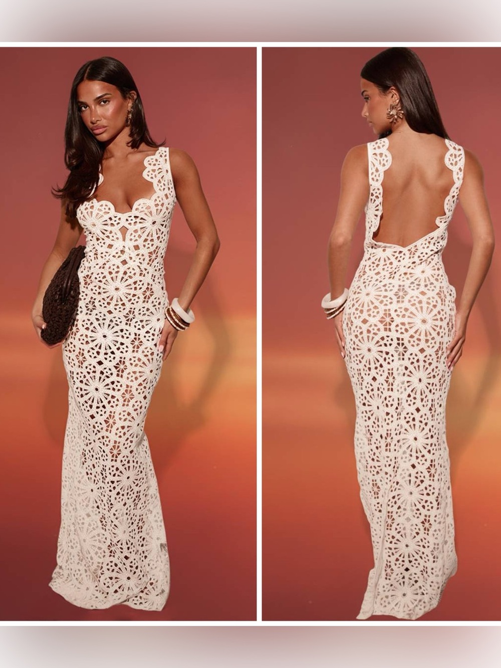 PrettyLittleThing White Flower Crochet Plunge Beach Cover Up Maxi Dress XL NWT